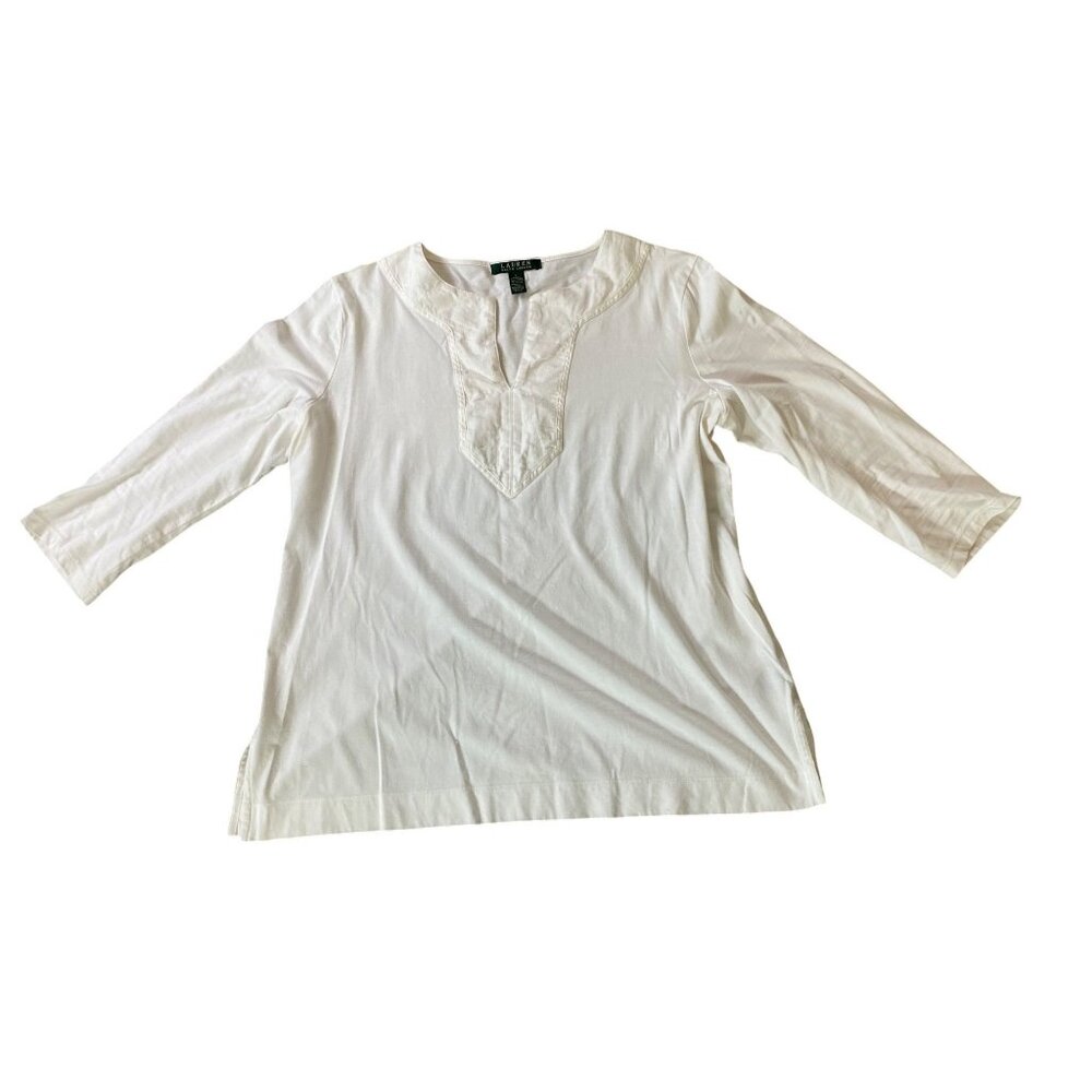 Ralph Lauren White Cotton 3/4 Sleeve Tunic Top Large